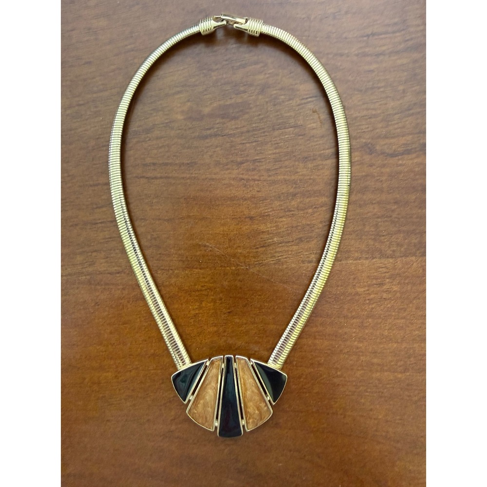 Trifari Collar Necklace Womens OS Gold Black Excellent Art Deco Fan Omega Chain - Picture 3 of 4